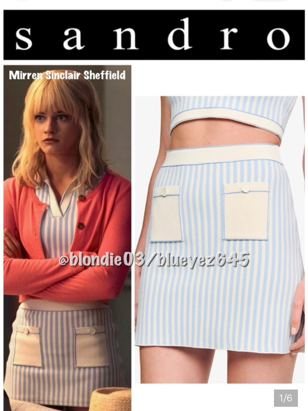 Sandro light Blue Cream Striped Pocket skirt $229 nwt stripes button pocket